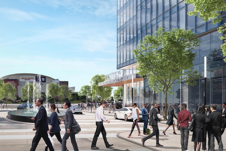 Artist's rendering of Pattison Place offices proposed for the South Philadelphia stadium complex, with the Wells Fargo Center in the background.