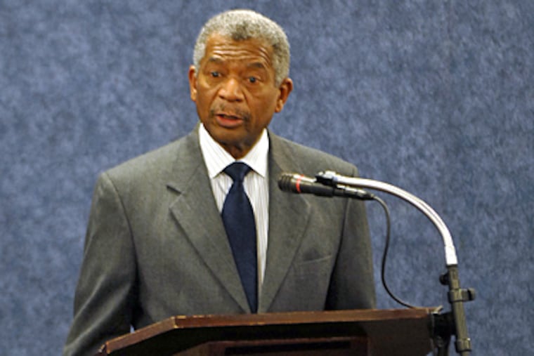 James T. Giles, a retired judge, and Superintendent Arlene Ackerman listen to a question. Ackerman called Giles' report on South Philadelphia High "thorough." Others criticized it as being too narrow in scope. (Tom Gralish / Staff)