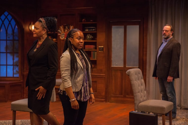 (Left to right:) Kimberly S. Fairbanks, Lynnette R. Freeman, and Joe Guzmán in “Human Rites,” through April 15 at InterAct Theatre Company.