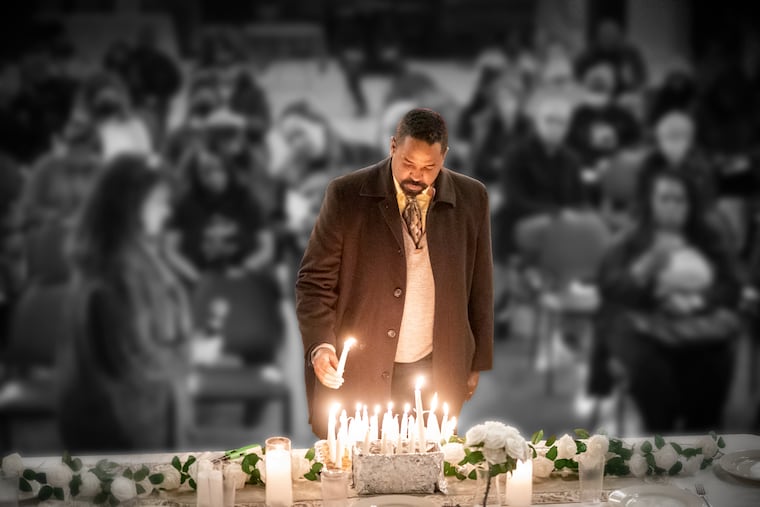 State Sen. Sharif Street lights a candle and says his nephew’s name aloud — 21-year-old Salahaldin Mahmoud — who was shot and killed in a triple shooting at a July 4th cookout in 2021. The candle lighting took place at an event held by CeaseFirePA, where survivors and friends gathered for a vigil to share the memories of loved ones who were shot and killed, and to draw attention to the need to end the violence, at Broad Street Ministries in Philadelphia, Wednesday, Dec. 14, 2022.