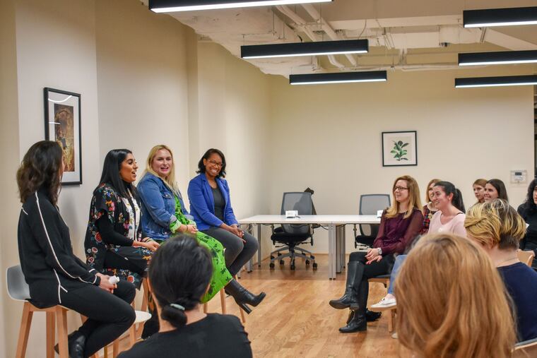 Vanessa Stella of Ladies Get Paid's Philadelphia chapter moderates a March 21 panel featuring (from left) local makeup artist Payal Patel, Kristin Lubsen of Sip-N-Glo juicery, and Linda Williams of Vertical Maven Group. The women discussed how to be your own boss.