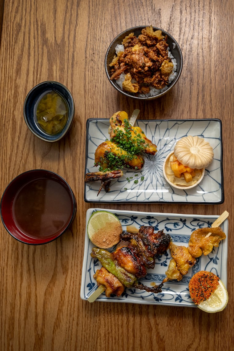 Dancerobot's Lancaster golden chicken yakitori dish on Wednesday, Oct. 14, 2026, in Philadelphia. The set includes most parts of the chicken, broken out into sticks, skins, and a liver-filled monaka.