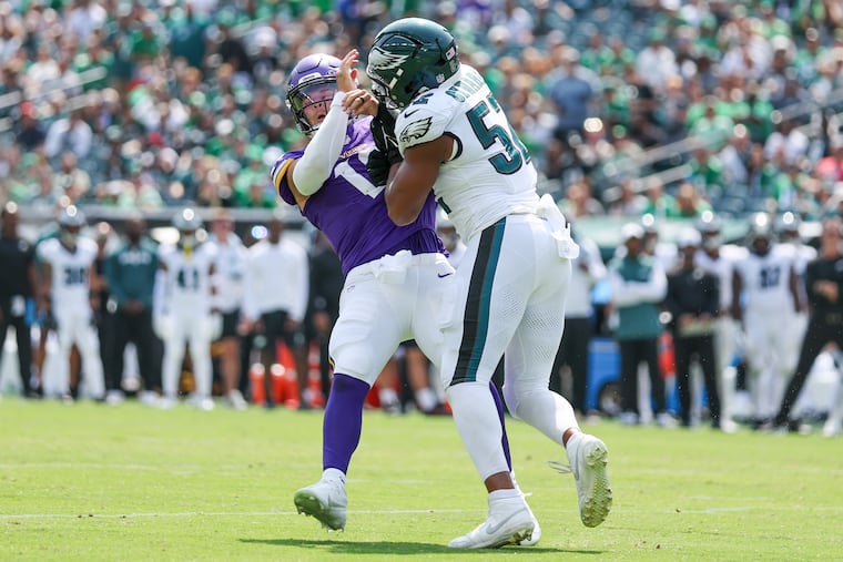 Minnesota Vikings quarterback Jaren Hall absorbs a heavy hit by Eagles linebacker Ben VanSumeren during the third quarter at Lincoln Financial Field on Saturday, Aug. 24, 2024.