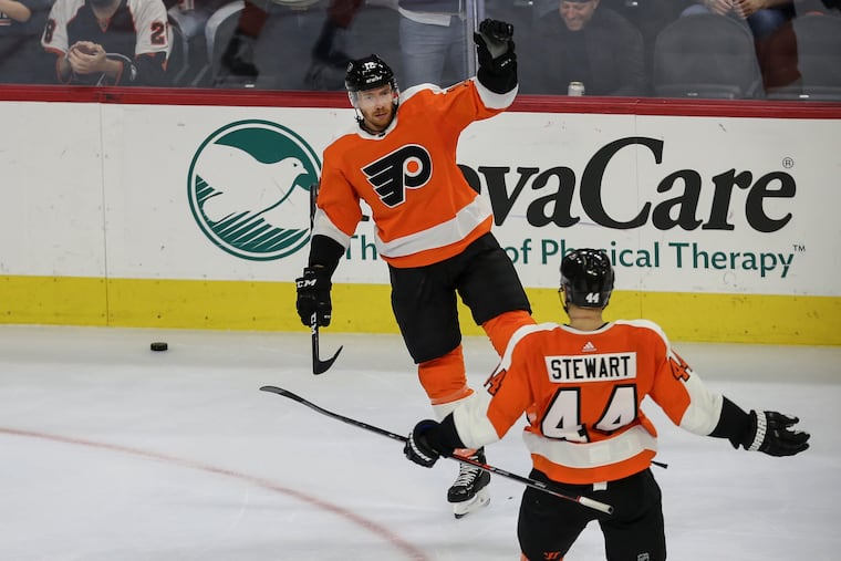 The Flyers' Michael Raffl (left) has played with a variety of linemates this season. The latest: Andy Andreoff and Tyler Pitlick.