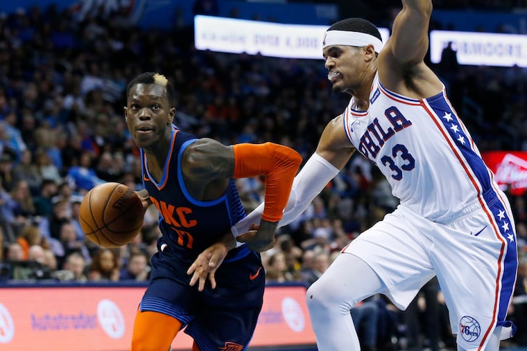 Sixers power forward Tobias Harris (33) finished with 32 points against Dennis Schroder and the Thunder.