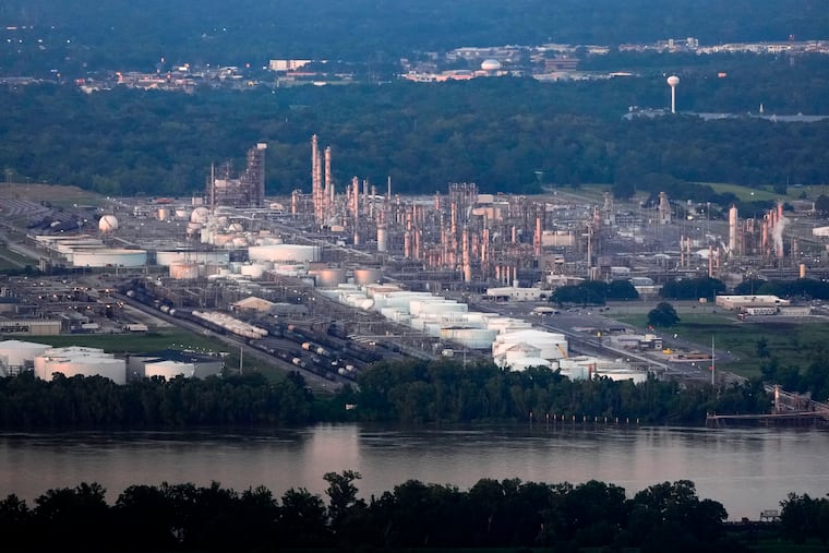 A chemical and petroleum industrial corridor, that is a known source of ethylene oxide emissions, is seen from this aerial photo, in Ascension Parish, La., in 2024.