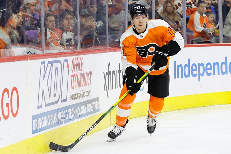 Flyers defenseman Ronnie Attard skates with the puck against the Buffalo Sabres on Sunday, April 17, 2022 in Philadelphia.