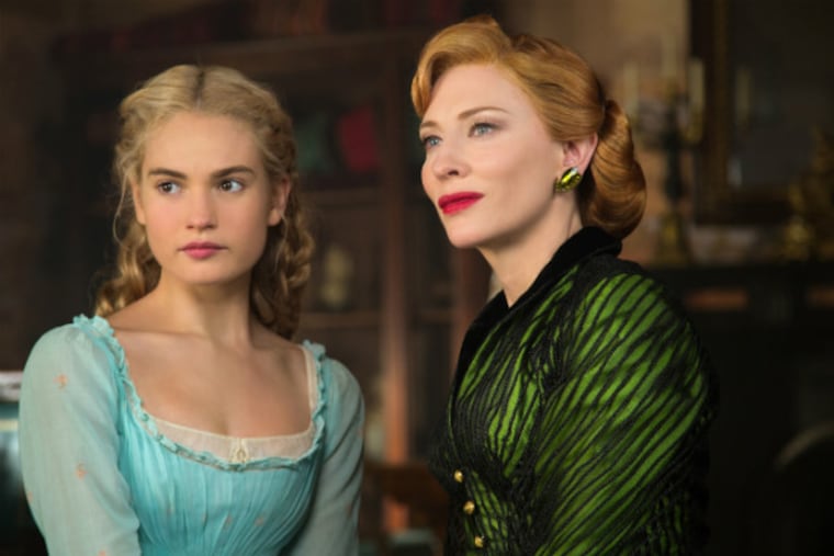 Cinderella (Downton Abbey's Lily James) and her wicked stepmother (Cate Blanchett) in Disney's lush, live-action adaptation in theaters today.