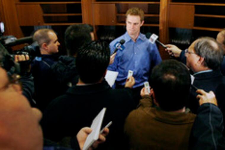 Pitcher Kyle Kendrick, with reporters at Citizens Bank Park during the Phillies Winter Caravan, went 10-4 with a 3.87 ERA in 2007.