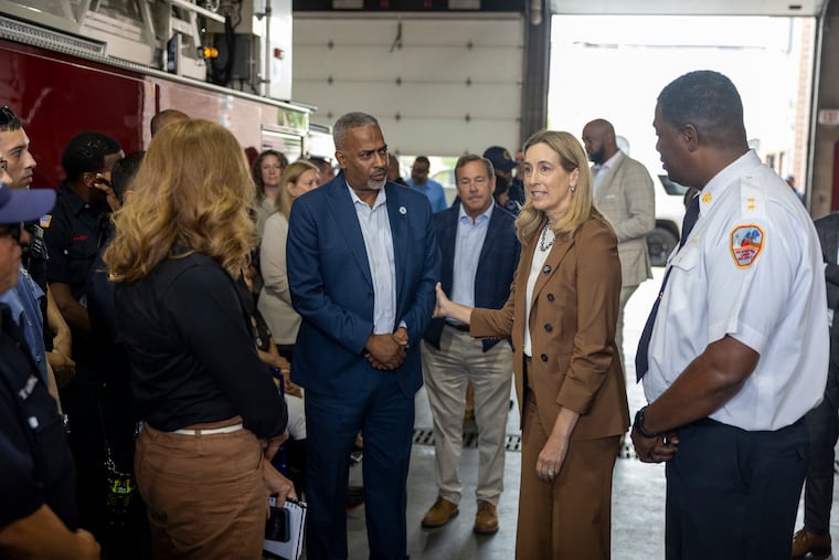 Gov. Mikie Sherrill thanks first responders for the work they did on the recent rainfall and flooding in the area at the Fire Administration Building in Camden, N.J., on Tuesday, July 7, 2026.
