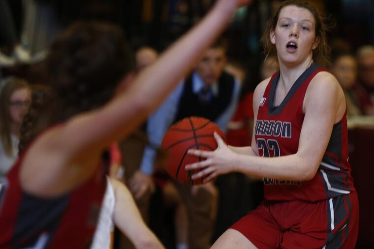 Grace Marshall scored 18 points for Haddon Township in its 65-29 win over Woodbury for the South Group 1 title. Pictured is Marshall in the semifinal against Haddon Heights on Saturday.