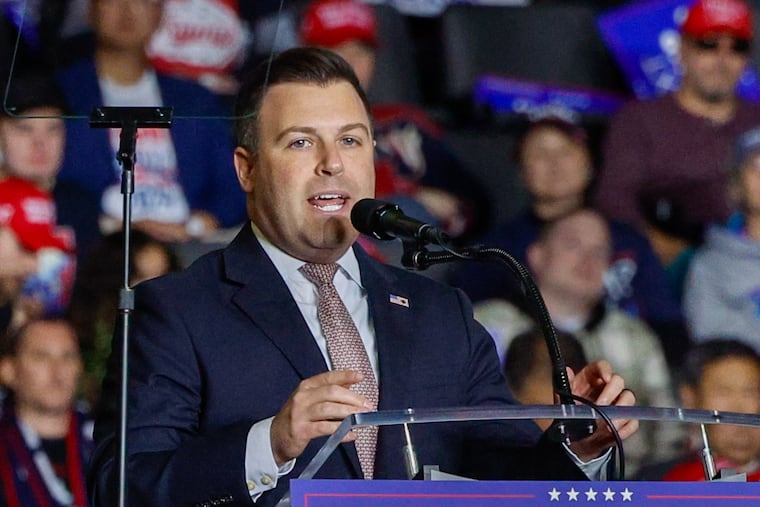 State Rep. Ryan Mackenzie speaks to supporters at a Trump campaign event in Allentown on Oct. 29, 2024.