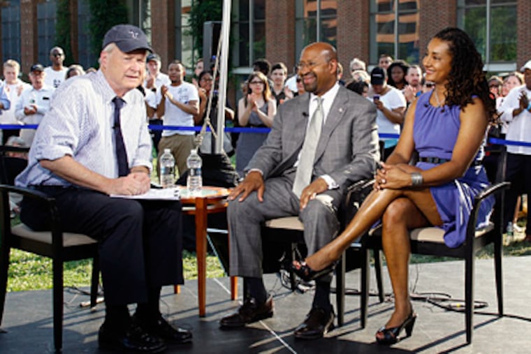 “Hardball” host Chris Matthews, with Mayor and Lisa Nutter, during taping of the show yesterday at Independence Mall. (Yong Kim / Staff photographer)