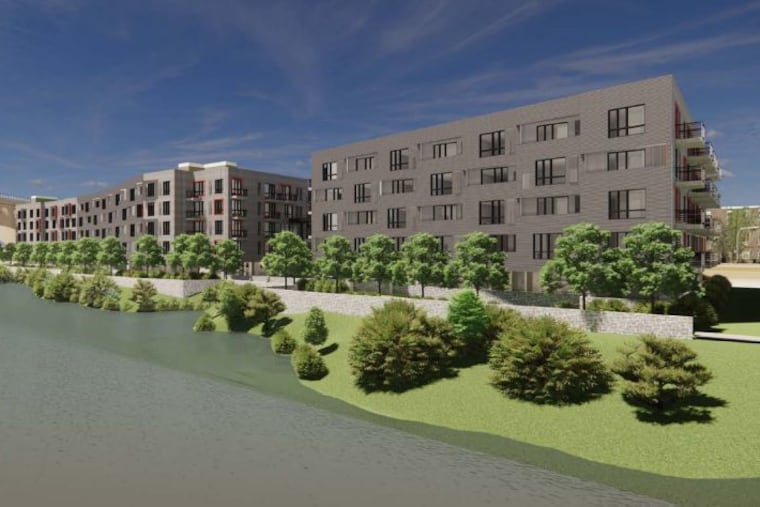 A rendering offering a view of the proposed Rock Development apartment building from the Schuylkill River.