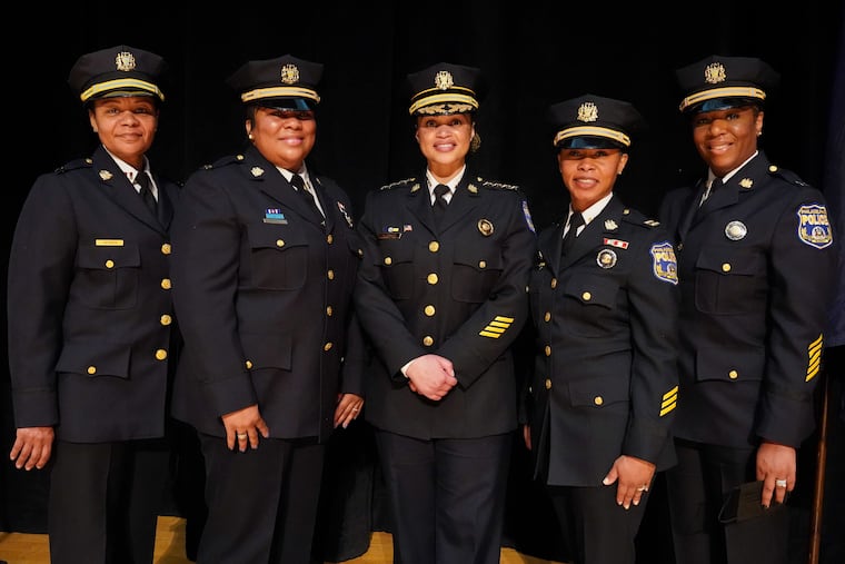 From left: Chanta Herder, Myesha Massey, Police Commissioner Danielle Outlaw, Colleen Billups and Margo Alleyne-Parker at a Philadelphia Police Promotion Ceremony held at the Temple Preforming Arts Center on Wednesday.