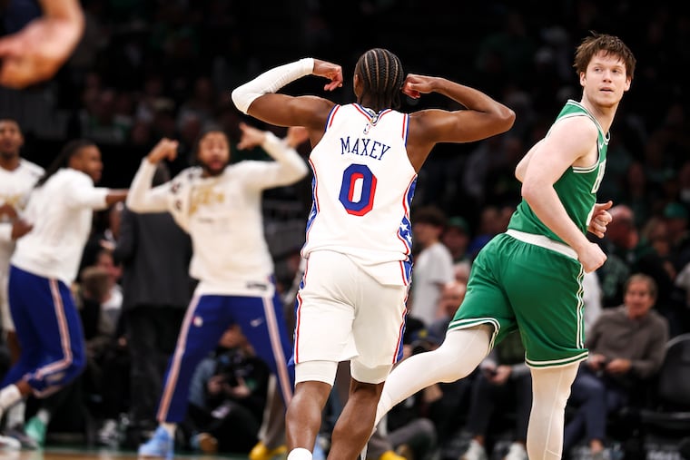 Sixers guard Tyrese Maxey flexes after a late three-pointer in his team's Game 2 win on Tuesday.