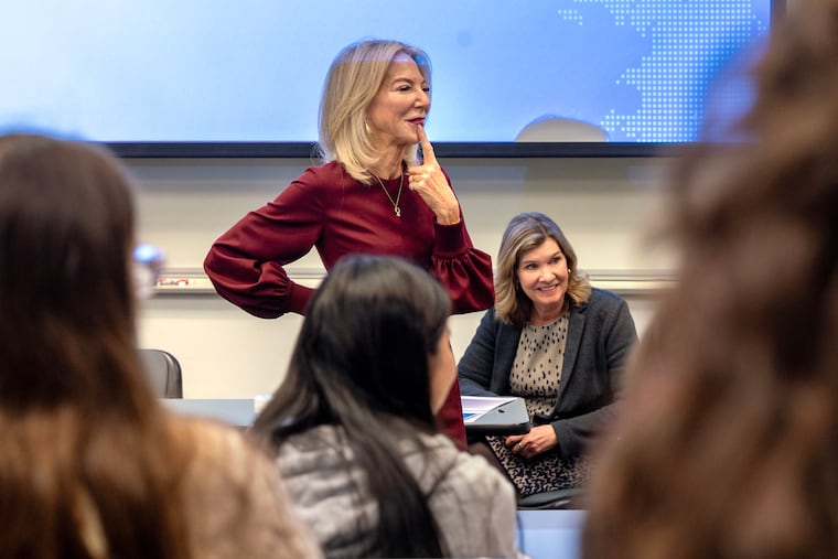 University of Pennsylvania president emerita Amy Gutmann co-teaches a class at Penn’s Annenberg School for Communication with dean Sarah Banet-Weiser (right). On Wednesday, the class debated the use of affirmative action in college admissions.