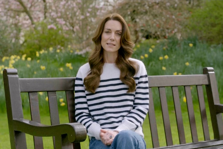 This grab taken from a video released by the BBC Studios on Friday March 22, 2024, shows Britain's Kate, the Princess of Wales recording her message announcing that following her abdominal surgery in January "tests after the operation found cancer had been present." Kate, said Friday she has cancer and is undergoing chemotherapy. (BBC Studios via AP)