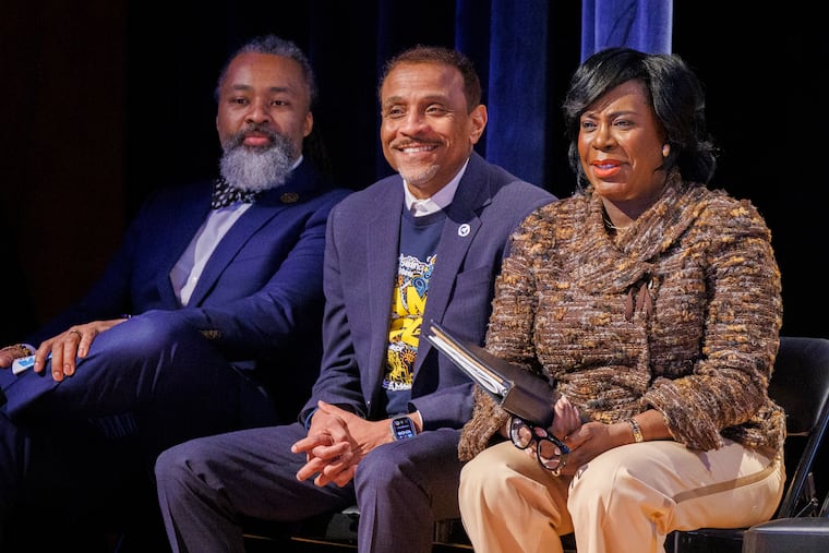 Philadelphia Superintendent Tony B. Watlington Sr. (center), shown with school board president Reginald Streater and Mayor Cherelle L. Parker in this January file photo, is getting a contract extension.