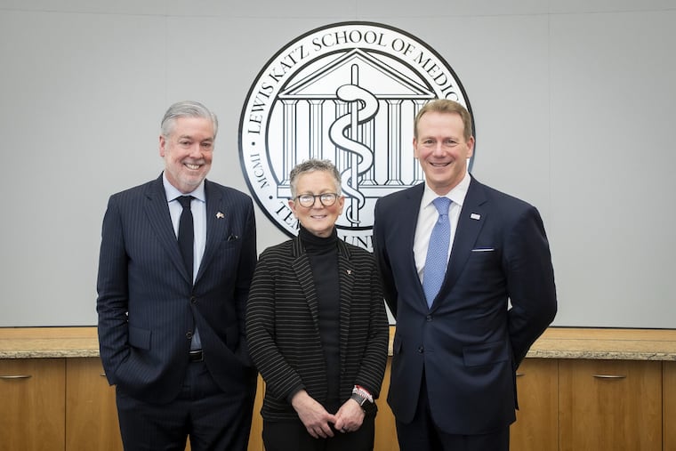 Temple University president John Fry (left), Amy J. Goldberg, dean of Temple's Lewis Katz School of Medicine, and Michael Charlton, CEO of AtlantiCare, announced that Temple will open a medical school campus in Atlantic City.