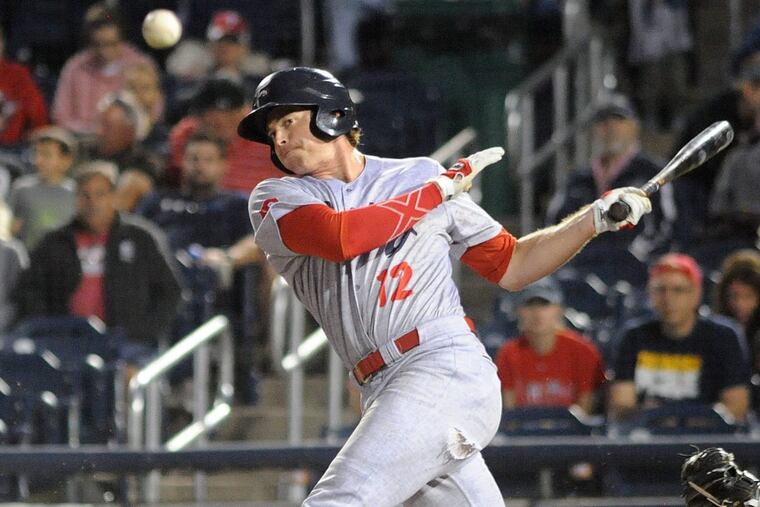 Reading’s Zach Green fouling off a pitch against the Trenton Thunder on Wednesday.