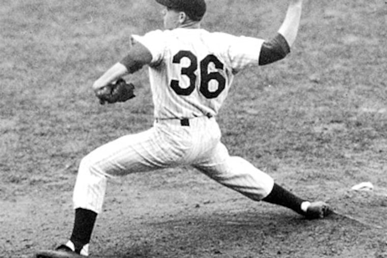 Robin Roberts pitches in the ninth inning of Game 2 if the 1950 World Series. (AP File Photo)