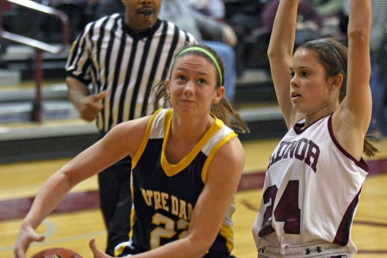Notre Dame's Megan McGurk takes the ball to the basket against Radnor's Taylor Quinn. McGurk scored 10 points and was named the Irish’s MVP as Notre Dame defeated Radnor, 57-29, Saturday in the Philly.com/Rally Scholastic Play by Play Classic girls’ basketball showcase at Philadelphia University. (Lou Rabito / Staff)