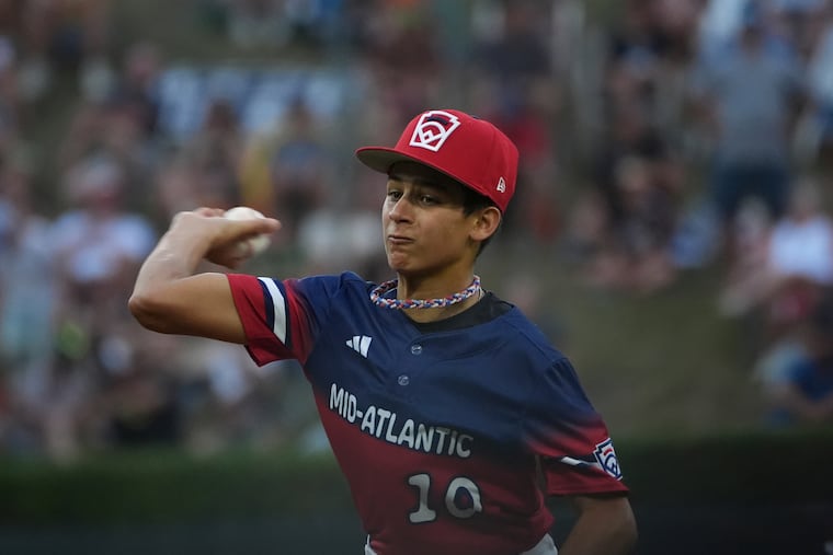 Aiden Mercer, here in action against Sioux Falls, S.D., had an RBI single in the Glenmoore Eagle Little League team's loss to Clarendon Hills of Illinois in a Little League World Series elimination game on Saturday in South Williamsport, Pa.