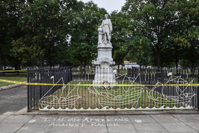On October 9, 2018, Columbus Day, the sidewalk at the Columbus statue at Broad Street and Oregon Avenue had graffiti that read: "END COLUMBUS DAY, ITALIAN-AMERICANS AGAINST RACISM"