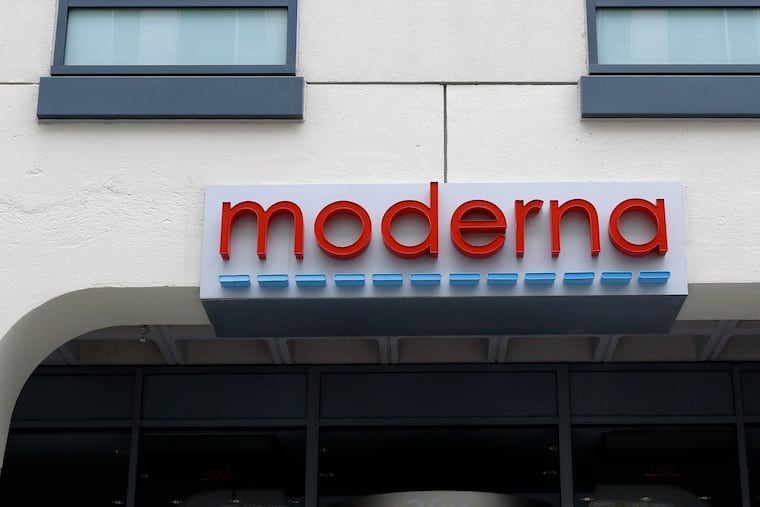 A sign marks an entrance to a Moderna building in Cambridge, Mass., May 18, 2020. The company is seeking FDA approval for a new mRNA flu vaccine.