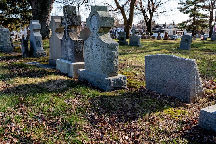 The unmarked grave of Mexican poet Gilberto Owen Estrada in Holy Cross Cemetery in Yeadon, Pa. His is the plot in front of the gravestone on the right.