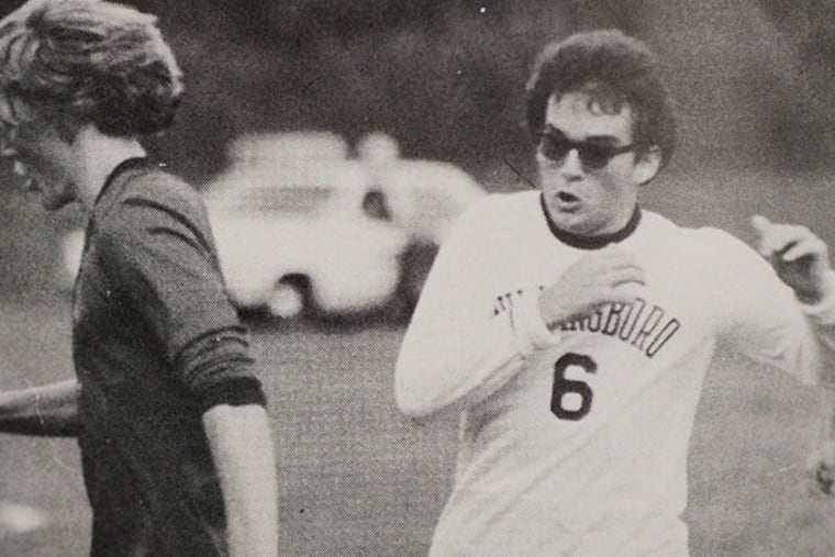 Nick Juengert tries to surpass his opponent during a soccer game in the 1970s. (Photo courtesy 1980 Willingboro yearbook)