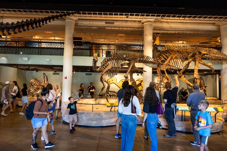 People check out Dinosaur Hall at the Academy of Natural Sciences of Drexel University. One staff member commented that the attendance reminded her of pre-pandemic times. The museum’s last day with regular hours for the public will be Sept. 27.
