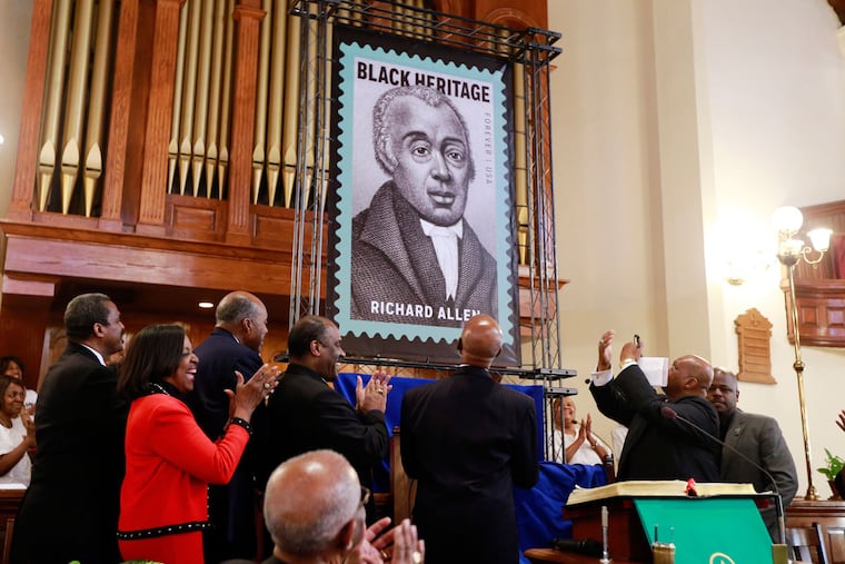 A Richard Allen stamp is unveiled at Mother Bethel African Methodist Episcopal Church on Tuesday, Feb. 2, 2016.