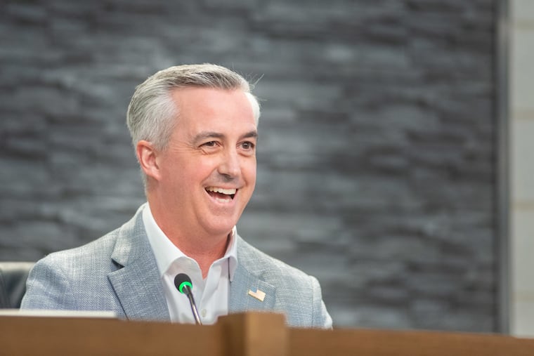Democrat Bob Harvie who is vying to face formidable U.S. Rep. Brian Fitzpatrick (R., Bucks) in the fall, participates in a candidate forum with his opposition, Lucia Simonelli, hosted by the League of Women Voters on April 27 at the Middletown township building in Langhorne.