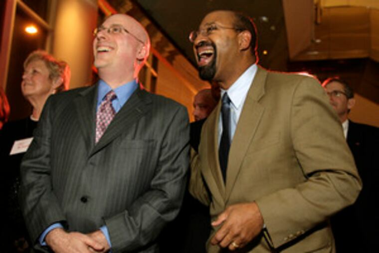 At the People to Watch party thrown by Philadelphia Magazine, the editor, Larry Platt, laughs with Mayor Nutter in the lobby of the Cira Centre. The party was Thursday.