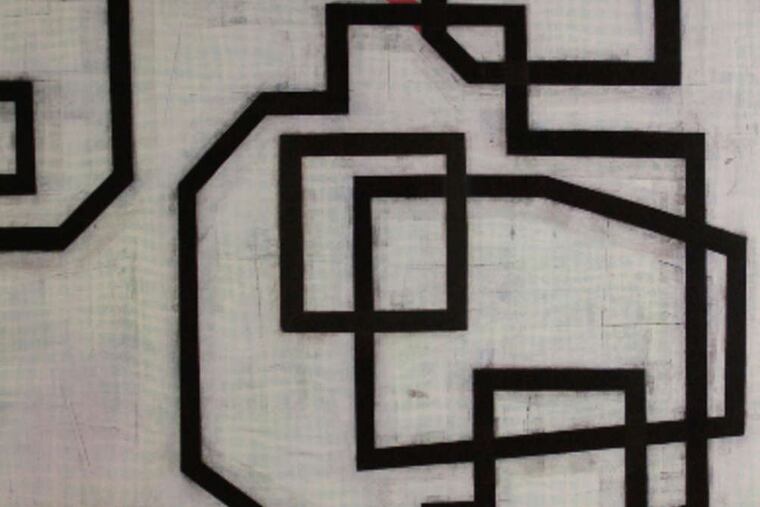 Steven Baris' painting "Somewhere Beyond or Behind E1" (2011), oil on canvas, evoking exurbs at Pentimenti Gallery.