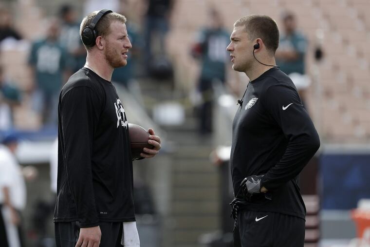 Philadelphia Eagles quarterback Carson Wentz (left) with tight end Zach Ertz (right) during pregame warm-ups before Sunday’s game at the Los Angeles Rams.