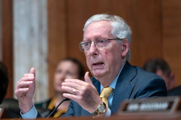 Sen. Mitch McConnell (R., Ky.) speaks during a Senate Committee on Appropriations subcommittee hearing on Capitol Hill in Washington, May 20, 2025. He has been absent from the Senate since a fall on June 14.