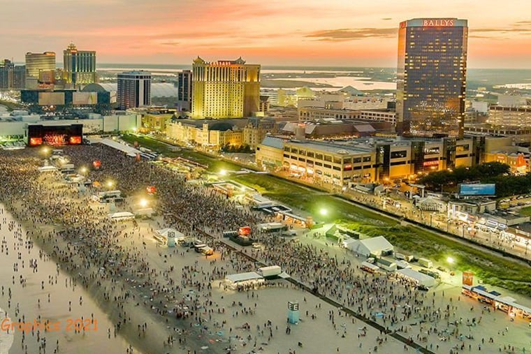 An overhead shot of the beach in Atlantic City during Phish's three night concert run in August 2021.