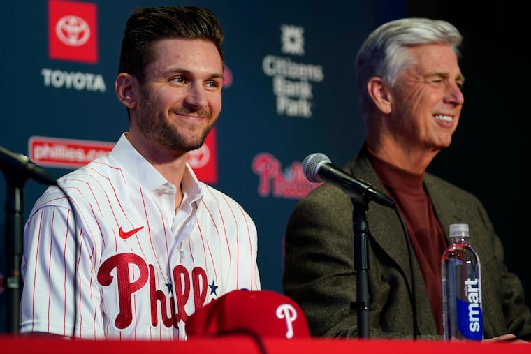 Newly acquired Phillies shortstop Trea Turner, left, and the team's president of baseball operations, David Dombrowski, were all smiles at Turner's introductory news conference Thursday.