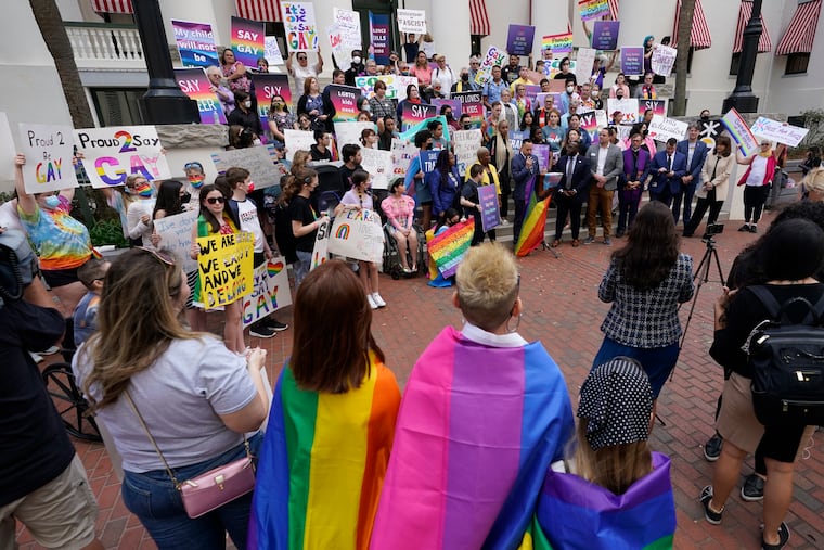 Demonstrators opposed to Florida's "Don't Say Gay" bill gather on the steps of the Florida Historic Capitol Museum, in front of the Florida State Capitol, in March.