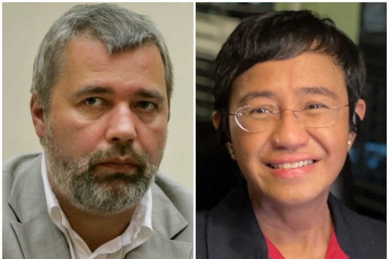 This year's Nobel Peace Prize winners: Dmitry Muratov, left, editor-in-chief of Russia's main opposition newspaper Novaya Gazeta; and Maria Ressa, cofounder and CEO of the Philippines-based news website Rappler.