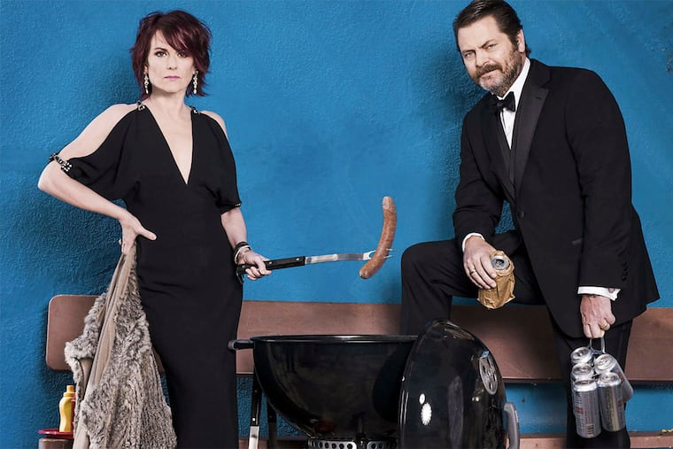 Megan Mullally and Nick Offerman brought their songs and shtick about love and sex to the Merriam Theater on Saturday.