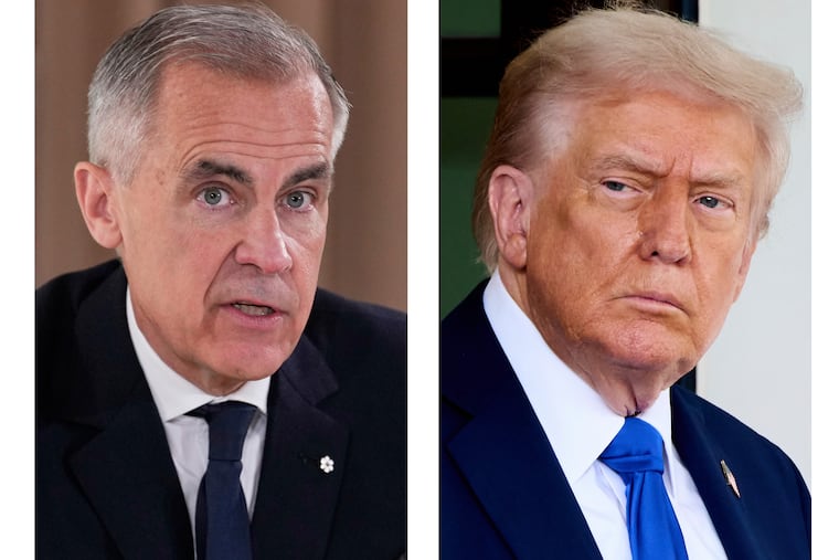 Canada's Prime Minister Mark Carney, left, responded to President Donald Trump's threats of 100% tariffs on Canadian goods.