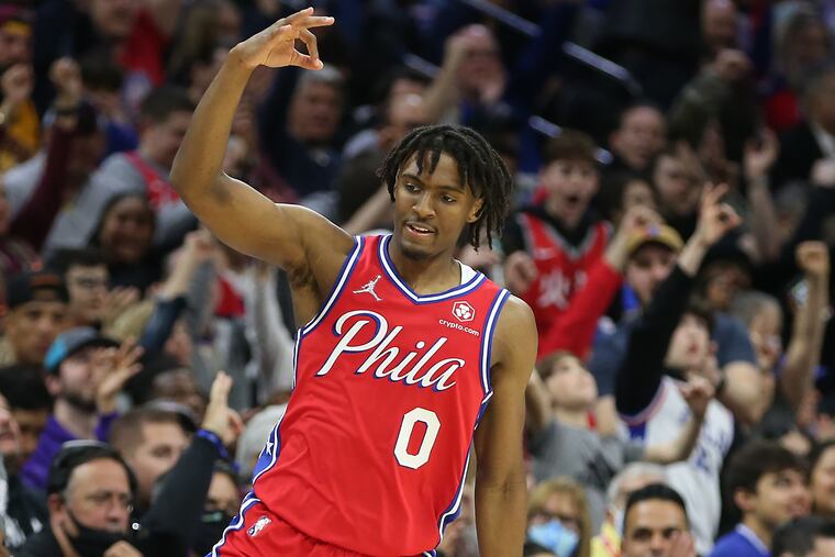Tyrese Maxey of the Sixers celebrates after hitting a 3-pointer against the Knicks during the second half.