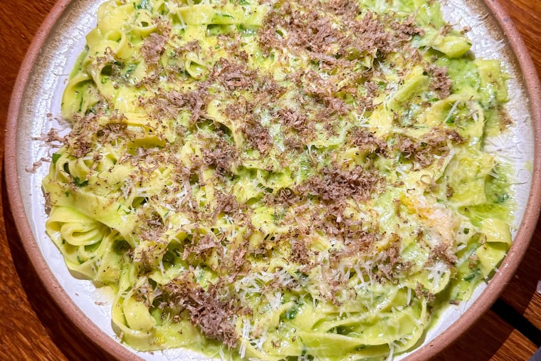 Tagliatelle with spigarello pesto, black truffle shavings, and pecorino at Alice in South Philly.