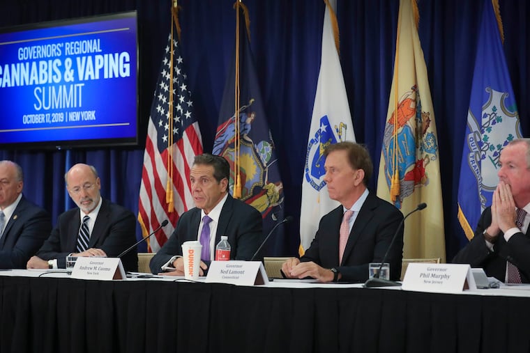 N.J. State Senate President Steve Sweeney (from left), Pa. Gov. Tom Wolf, N.Y Gov. Andrew Cuomo, Conn. Gov. Ned Lamont, and N.J. Gov. Phil Murphy participated in a regional summit on public health issues around cannabis and vaping, Thursday Oct. 17, 2019, in New York. (AP Photo/Bebeto Matthews)