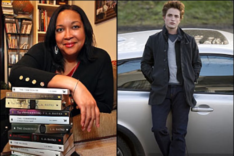 Philly has a fascination with vampires, and it's more than liking the hit movie 'Twilight" (far right). At left, author and West Philly resident L.A. Banks poses with her hit series of books about vampires. ( Steven M. Falk /
Staff Photographer )