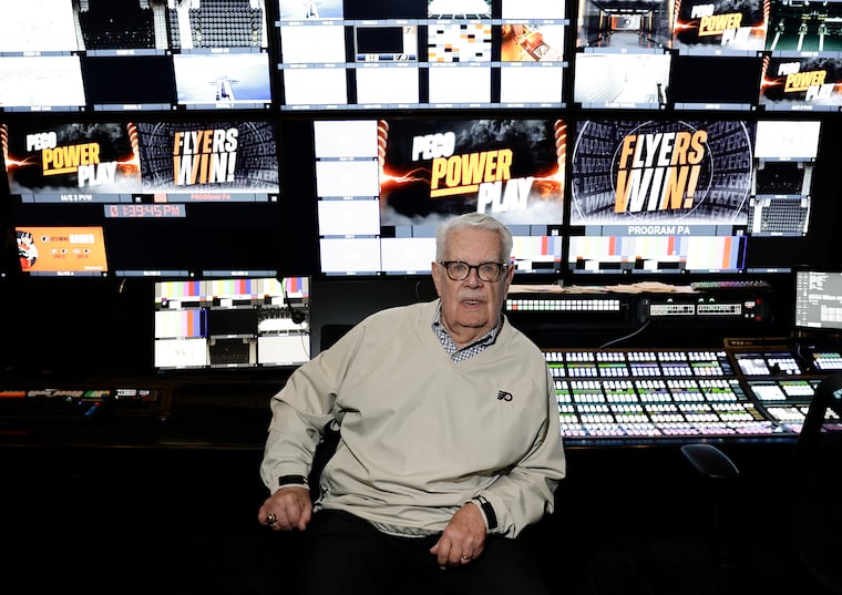 Flyers public address announcer Lou Nolan inside the ArenaVision control room at Xfinity Mobile Arena on Monday, April 6, 2026.